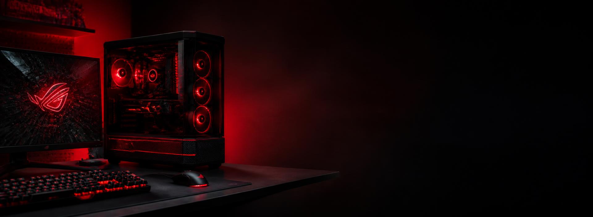 Setup gamer com iluminação vermelha — linha gamer OBM Informática